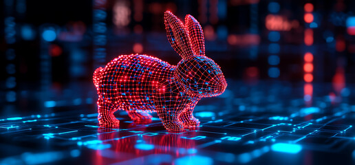Fototapete - Digital red rabbit on glowing circuit board.