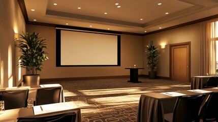 Poster - Elegant conference room with a large screen, set up for a business event with modern decor and a professional setup