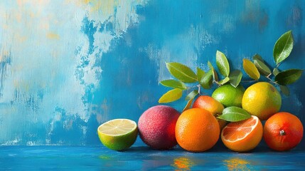Poster - Fresh seasonal fruits including oranges, limes, and lemons arranged on a vibrant blue background with green leaves and empty space for text.
