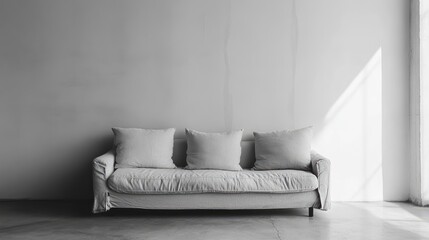 Poster - Modern minimalist sofa with three cushions against a blank wall showcasing natural light and copy space for text placement.
