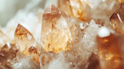 Poster - Close-up view of natural citrine quartz crystals with shimmering facets and clear details against a blurred background Copy Space