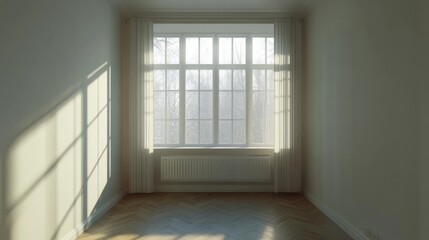 Poster - Empty room interior with large window casting shadows on wall and floor natural light illuminating space Copy Space