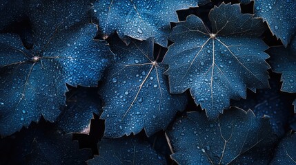 Poster - Close up of blue grape leaves covered in water droplets with dark background and ample empty space for text or design elements.