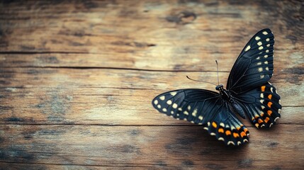 Poster - Elegant black butterfly with orange spots resting on weathered wooden surface, showcasing vibrant colors and ample blank space for text placement.