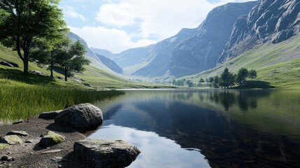 Poster - Serene landscape with mountains, lake, and lush greenery.