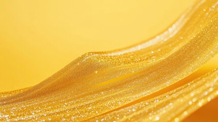 Aufkleber - Close up of shimmering golden glitter streamer flowing gracefully on vibrant yellow background with ample empty space for creative text placement