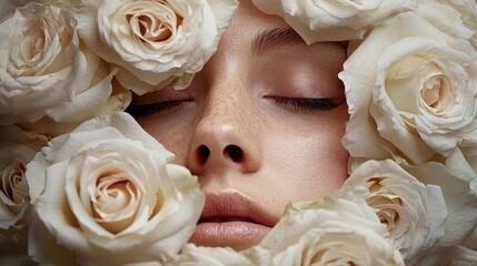 Aufkleber - Close up of serene human face surrounded by soft white roses with delicate skin texture and ample empty space for text, warm neutral tones.