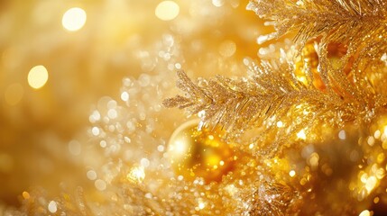 Aufkleber - Macro close up of shimmering golden Christmas ornaments and garland on a beautifully decorated tree with blurred golden bokeh background and empty text space