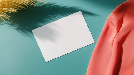 Poster - Blank postcard on teal background with coral garment and shadowed foliage, suitable for customization and design applications, Copy Space