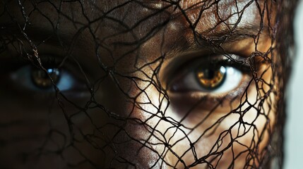 Aufkleber - Close Up Portrait of Individual Enveloped in Dark Metal Mesh with Striking Brown Eyes and Neutral Background for Text Placement