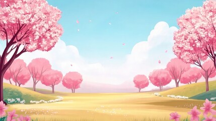 Poster - Vibrant spring landscape featuring blooming pink trees and a serene blue sky with fluffy clouds, empty golden field for customizable text space.