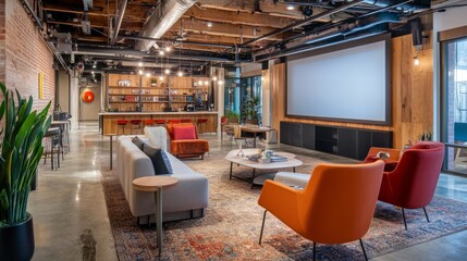 Poster - Event space designed for business conferences, featuring a large screen, modern furniture, and a professional ambiance.