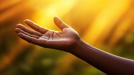 Poster - Close up of an outstretched hand against a warm golden sunset background symbolizing devotion spirituality and faith with empty text space