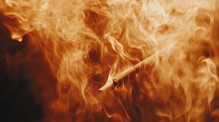 Poster - Close up of a burning cigarette amidst swirling orange and golden smoke with empty dark background ideal for text overlay and conceptual imagery