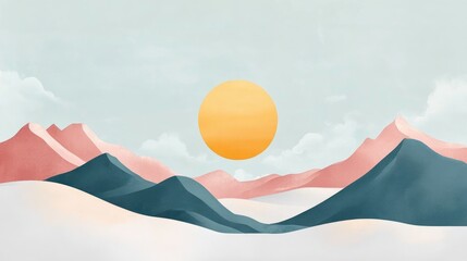Poster - Abstract landscape with pastel mountains and a large sun against a soft sky in a minimalist style with Copy Space for text placement.