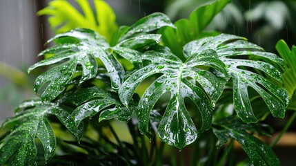 Poster - Monstera plant leaves with water droplets in natural light surrounded by greenery Copy Space