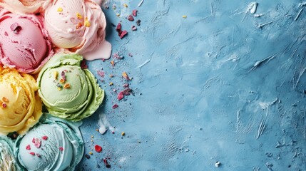 Aufkleber - Colorful scoops of creamy ice cream in pink yellow green and white arranged on a blue textured surface with empty space for text