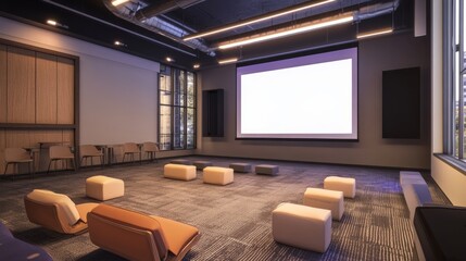 Poster - Event space designed for business conferences, featuring a large screen, modern furniture, and a professional ambiance.