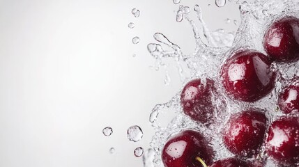 Aufkleber - Fresh red cherries submerged in clear water with splashes against a soft gray background offering ample copy space for creative text application.