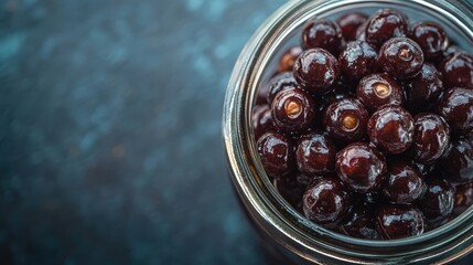Poster - Close up of shiny dark purple roasted acai berries in a glass jar on a textured blue background with ample empty space for text or branding