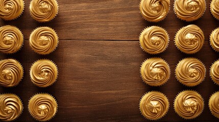 Poster - Elegant arrangement of golden frosted cupcakes on a rustic wooden table, featuring ample empty space for personalized text and branding elements.