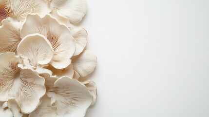 Poster - Close up view of fresh oyster mushrooms in soft beige hues arranged on a white background with ample copy space for text placement