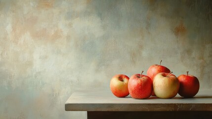 Aufkleber - Close up still life of red and yellow apples on a wooden table against a textured beige background with empty space for text