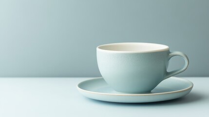 Aufkleber - Close up shot of pastel blue coffee cup and saucer on a light blue background with empty space for text and design elements on the side