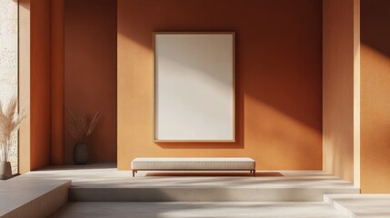 Poster - Modern interior space featuring blank wall art frame against textured orange walls with minimalist furniture and soft lighting Copy Space