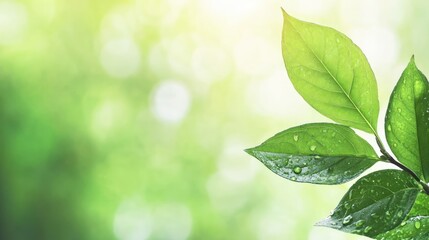 Aufkleber - Close up of vibrant green leaves with water droplets on a blurred green background natural ecology concept with ample copy space for text