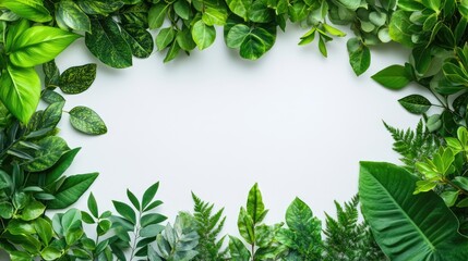 Poster - Lush green leaf frame with various tropical foliage on a white background with ample copy space for text insertion