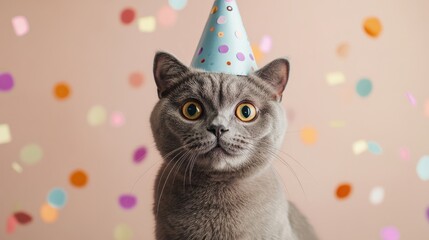Poster - Playful Scottish Fold cat adorned with a blue party hat against a vibrant confetti backdrop featuring shades of orange and pink with ample text space.