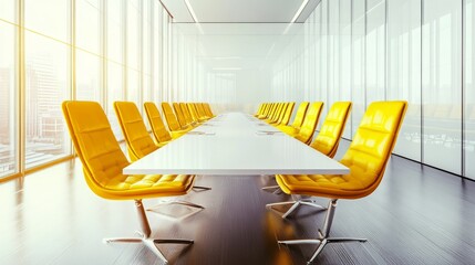 Poster - Modern and vibrant conference room with a long table and bright yellow chairs, ideal for energetic business discussions.