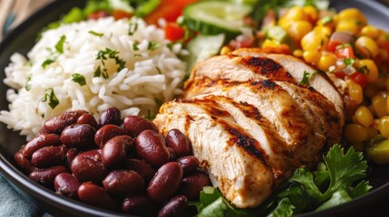 Poster - Delicious grilled chicken fillet served on a black plate with white rice, red kidney beans, vibrant salad, and colorful corn salad on a rustic table with empty space for text.