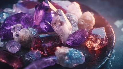Poster - Colorful assortment of raw gemstones including amethyst and quartz on a dark surface with soft natural lighting Copy Space