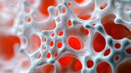 Poster - Abstract close-up image of porous white structure against vibrant red background showcasing intricate patterns and textures with Copy Space