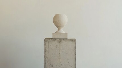 Poster - Minimalist concrete pedestal displaying an elegant round sculpture on a neutral background with ample Copy Space for text placement.
