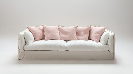 Poster - Modern minimalist sofa with light pink pillows on a neutral background and ample copy space for text placement.