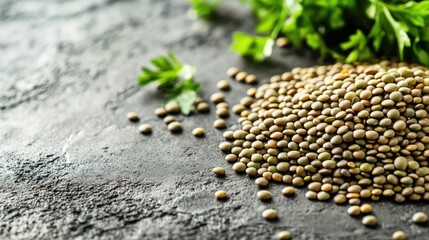 Poster - Close up view of green lentils scattered on dark textured surface with fresh parsley leaves for healthy food concept and empty space for text