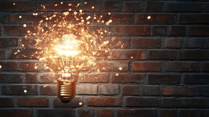 Poster - Illuminated light bulb with sparks against a rustic brick wall background showcasing copy space for text placement