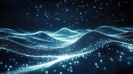 Fototapete - Abstract digital landscape with glowing particles on waves against a dark background featuring Copy Space for text placement