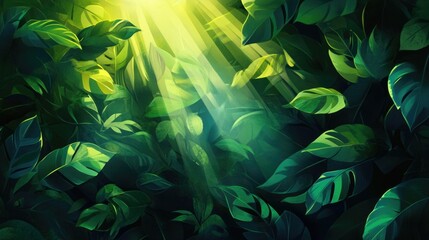 Poster - Sunlight Filtering Through Lush Green Leaves in a Dense Forest Background with Copy Space