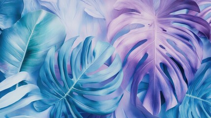 Poster - Colorful tropical leaves in shades of blue and purple with a soft gradient background suitable for design elements and Copy Space.