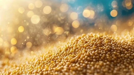Aufkleber - Close up of shiny golden mustard seeds on a soft blurred background with vibrant blue and golden bokeh lights offering ample copy space for text