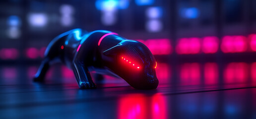 Fototapete - Futuristic robotic dog glowing in neon city at night.