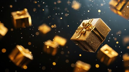 Aufkleber - Golden festive gift boxes gracefully floating against a dark minimalistic background with shimmering particles creating a magical holiday atmosphere and ample space for text.