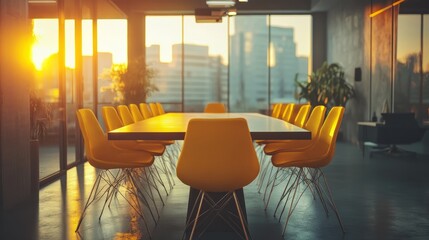 Poster - Modern and vibrant conference room with a long table and bright yellow chairs, ideal for energetic business discussions.
