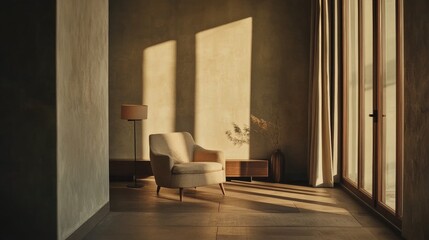Poster - Cozy modern interior with a beige armchair and floor lamp casting shadows in a sunlit room with large windows and neutral walls Copy Space