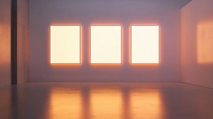 Poster - Minimalist gallery interior with three empty frames illuminated by soft light on a polished floor with copy space for artwork or text.
