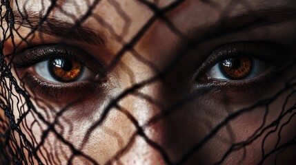 Aufkleber - Close Up Portrait of Person with Brown and Blue Eyes Covered in Intricate Black Metal Mesh Wire on Neutral Background with Copy Space for Text